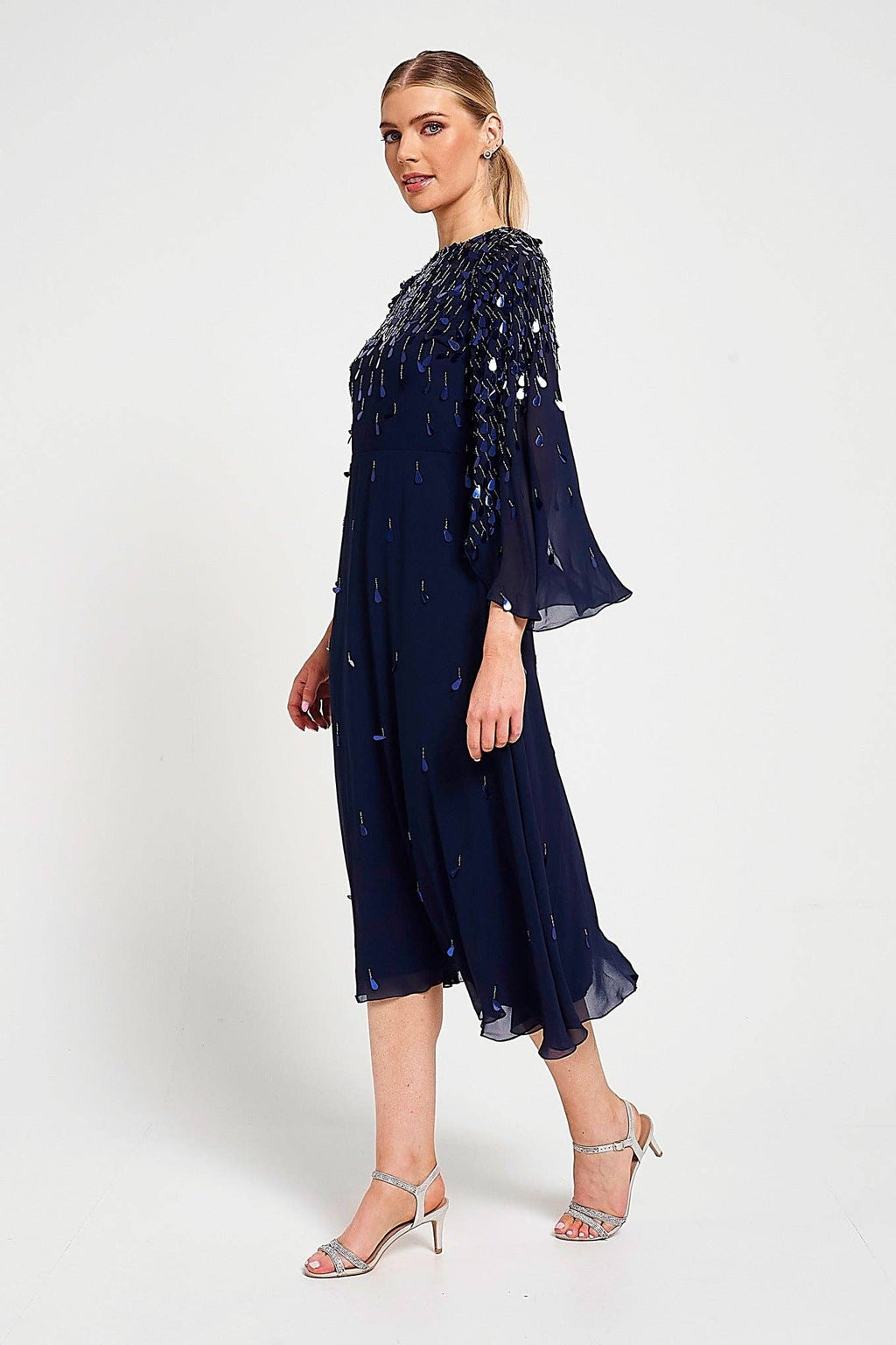 Annette Navy Embellished Cape Sleeve Midi Dress