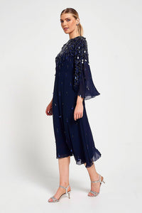 Annette Navy Embellished Cape Sleeve Midi Dress
