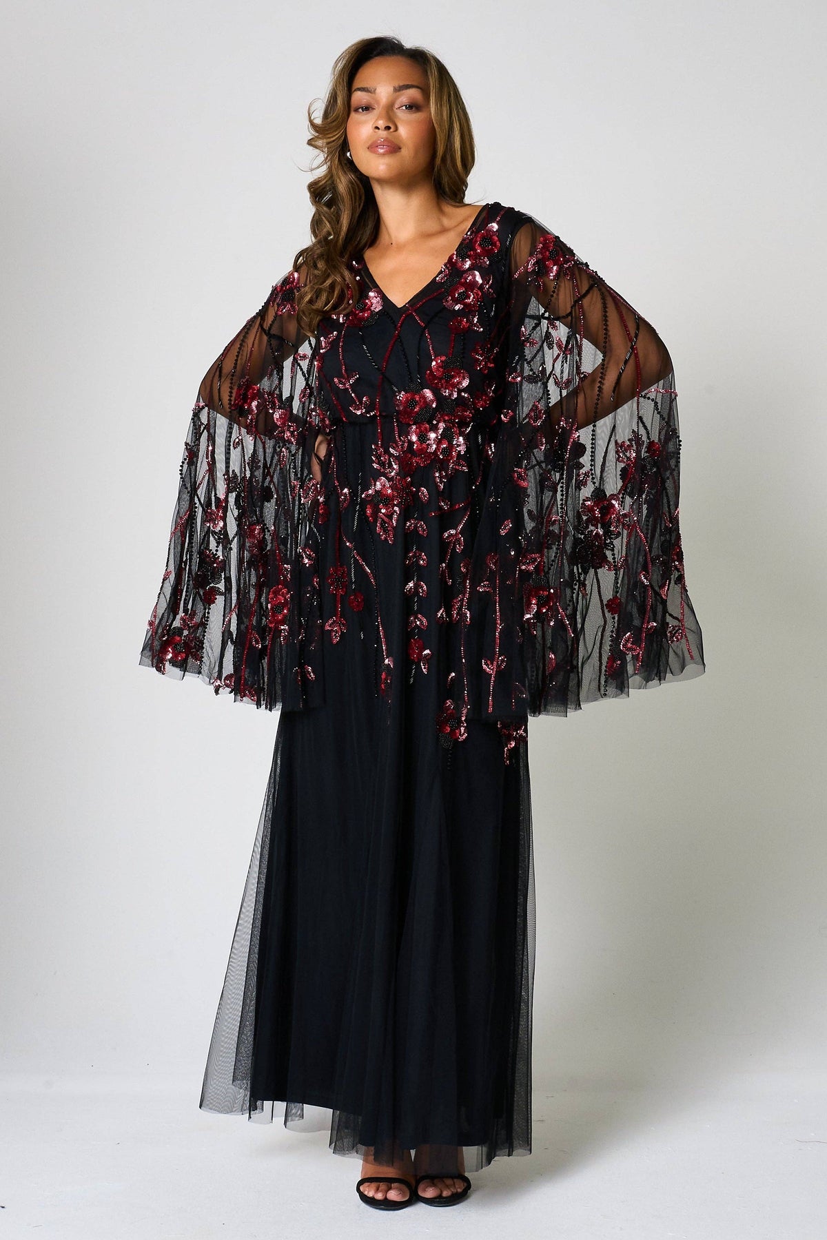Zola Black Floral Embellished Cape Maxi Dress