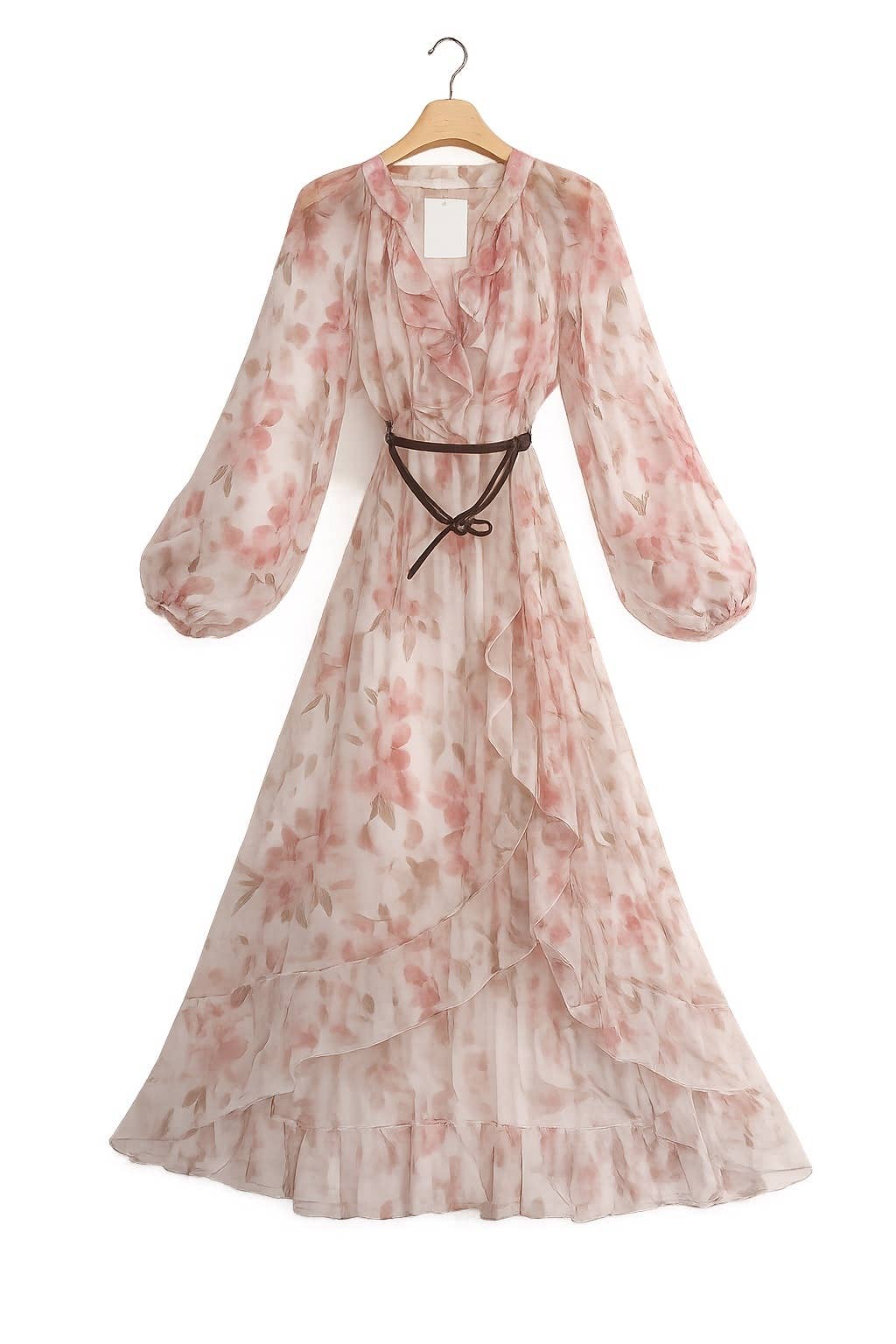 Boho Chic Long Floral Flowing Dress with Belt