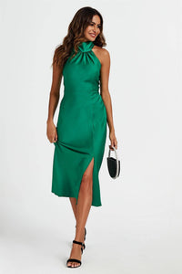 Satin Halter Neck Tie Back Midi Dress