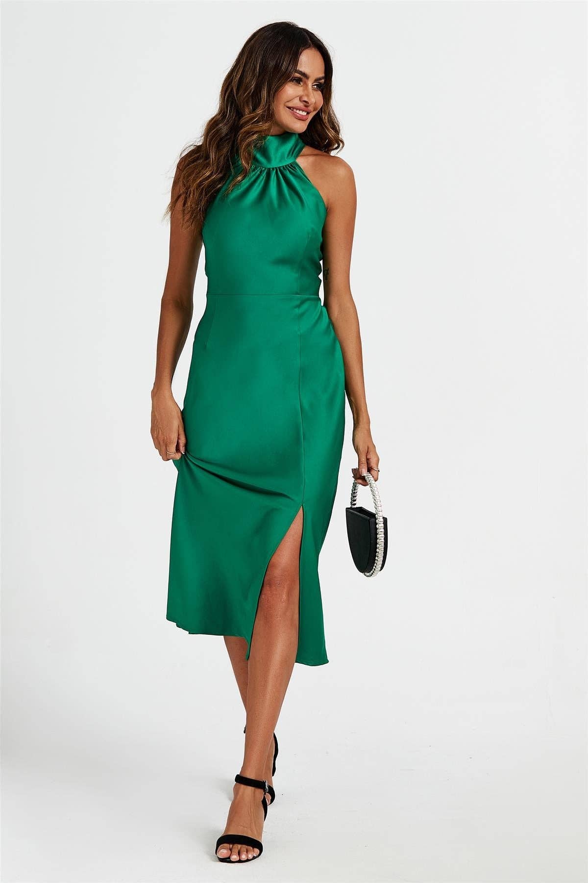 Satin Halter Neck Tie Back Midi Dress