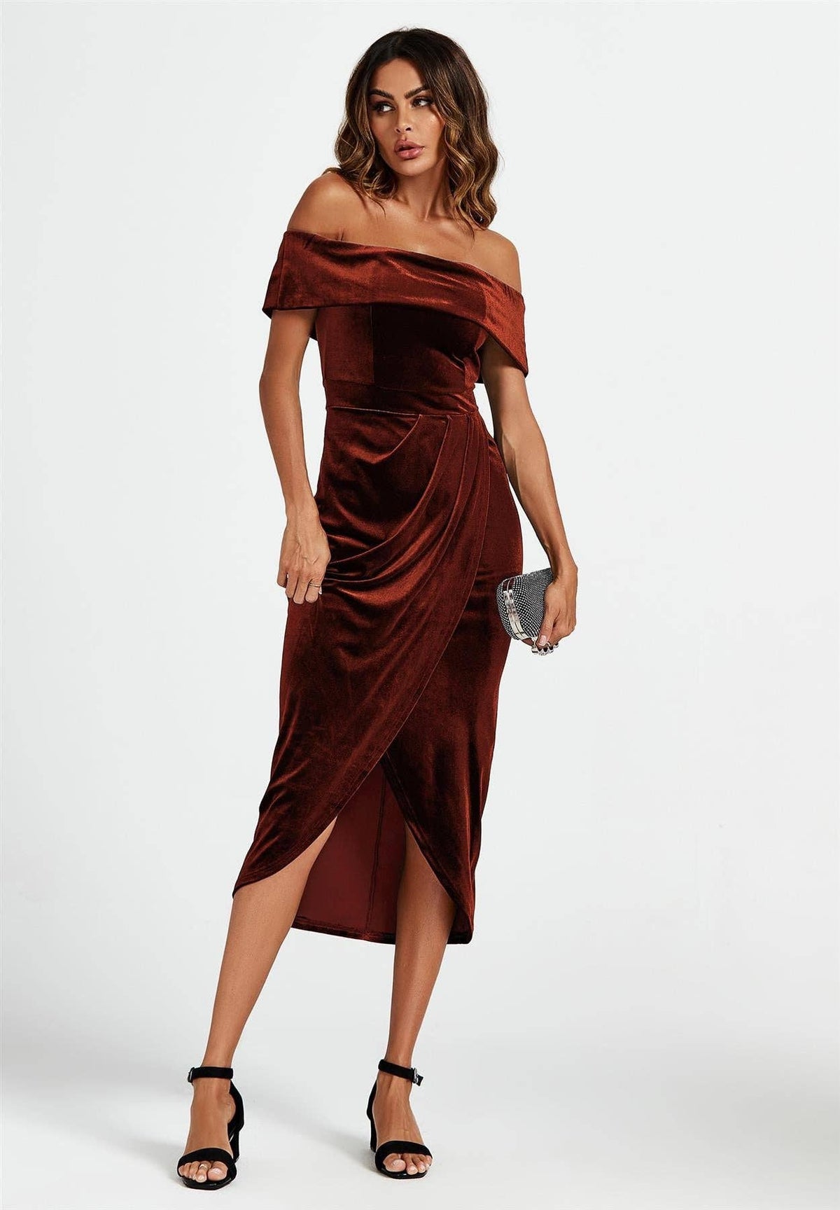 Off Shoulder Velvet Midi Dress In Brown
