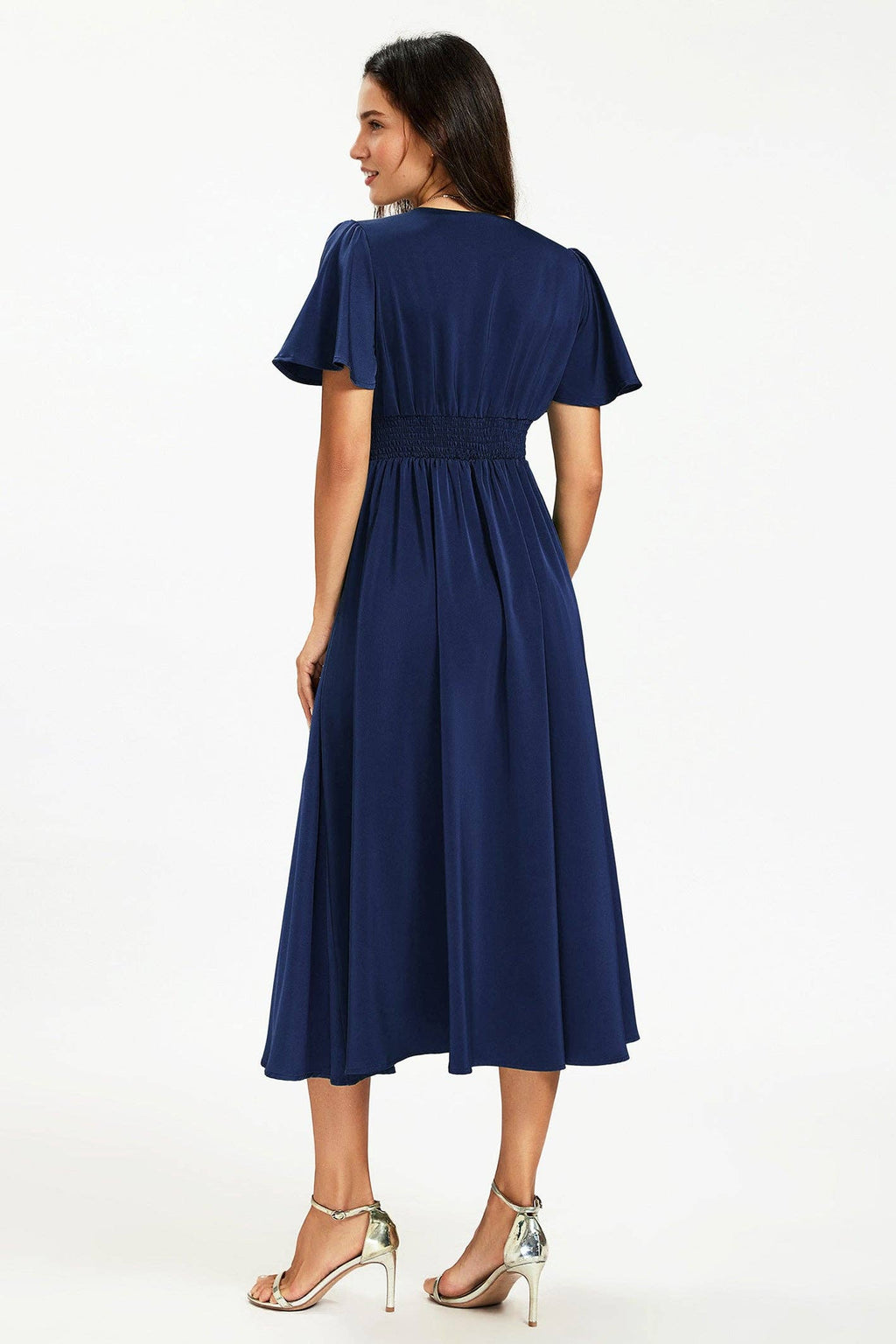 Satin-Midikleid mit V-Ausschnitt und Knopfleiste in Navy