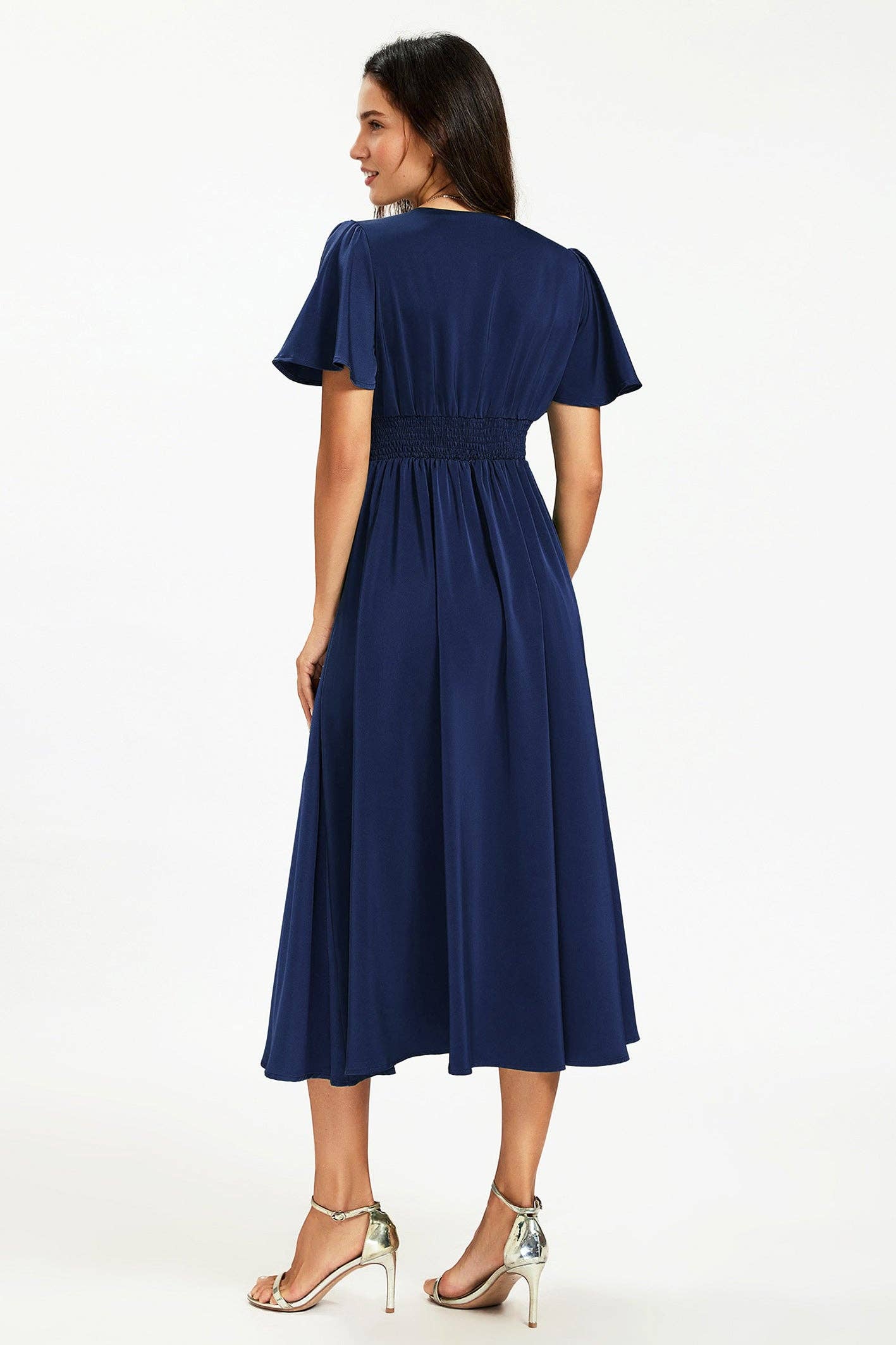 Satin-Midikleid mit V-Ausschnitt und Knopfleiste in Navy