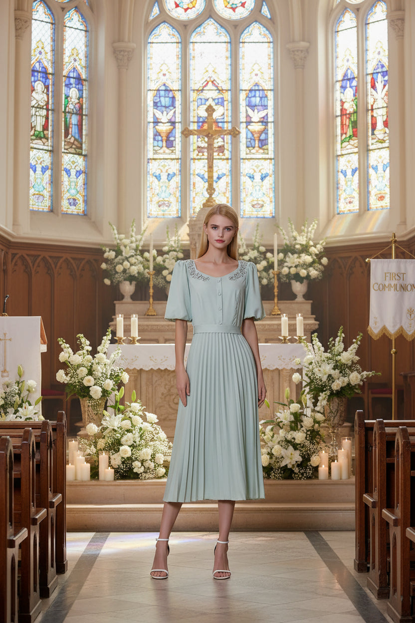 Pleated and embroidered shirt dress