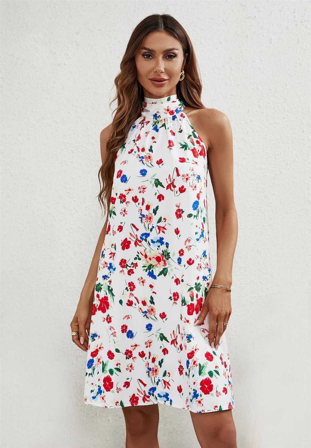 Floral Print Halter Neck Tie Back Mini Dress In White