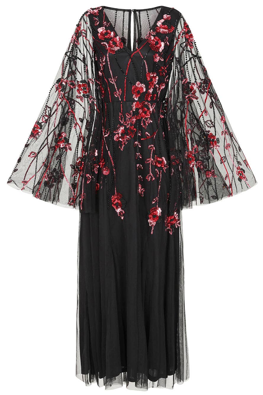 Zola Black Floral Embellished Cape Maxi Dress