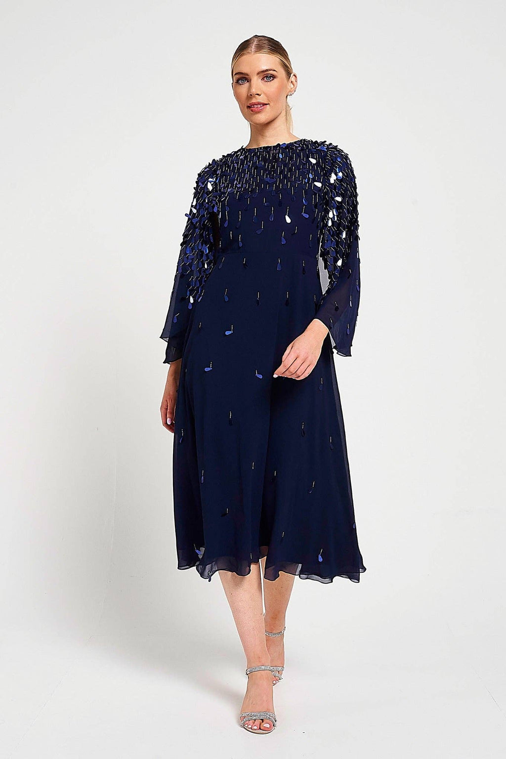 Annette Navy Embellished Cape Sleeve Midi Dress