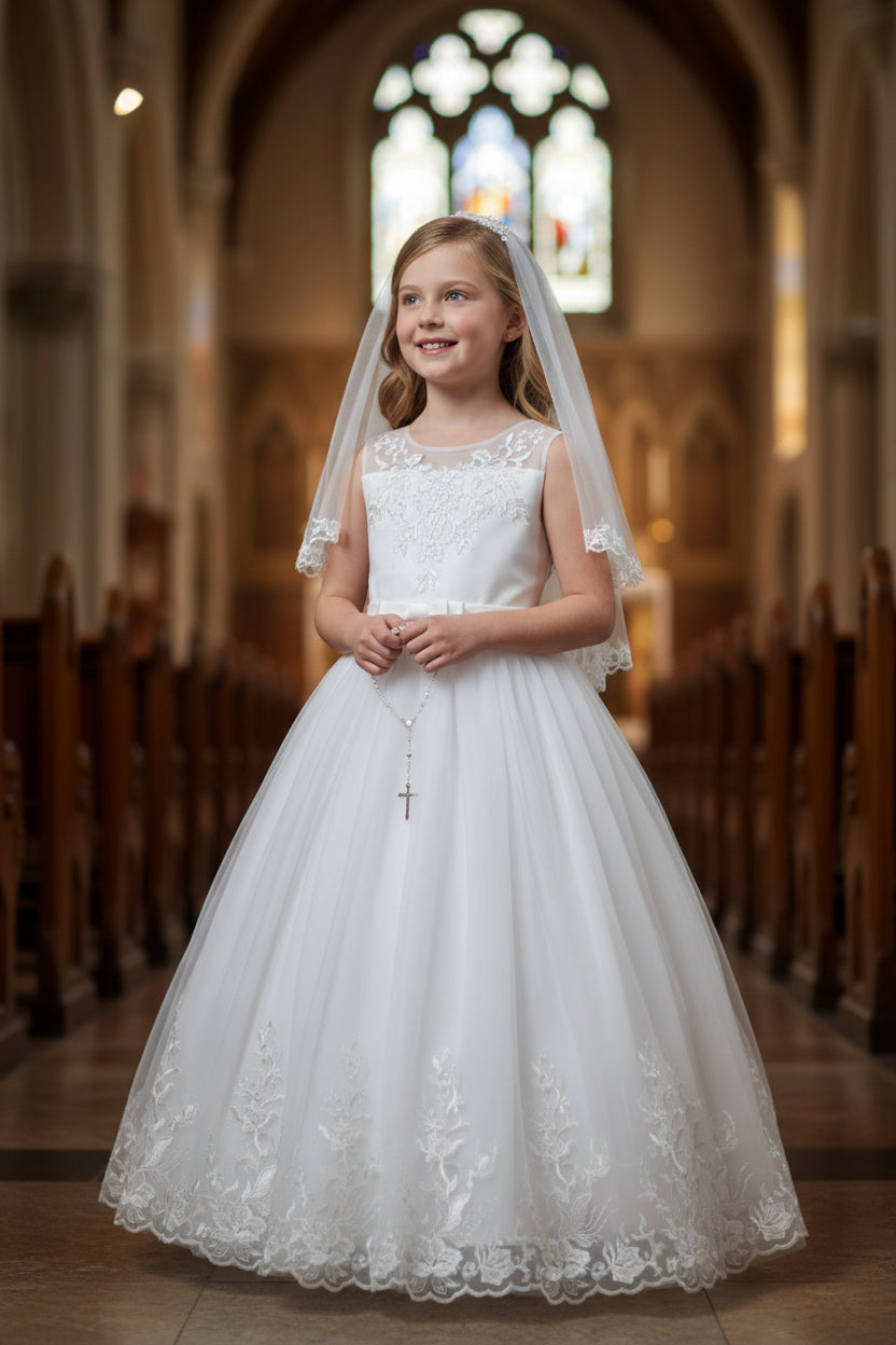 Embroidered First Holy Communion dress with trail