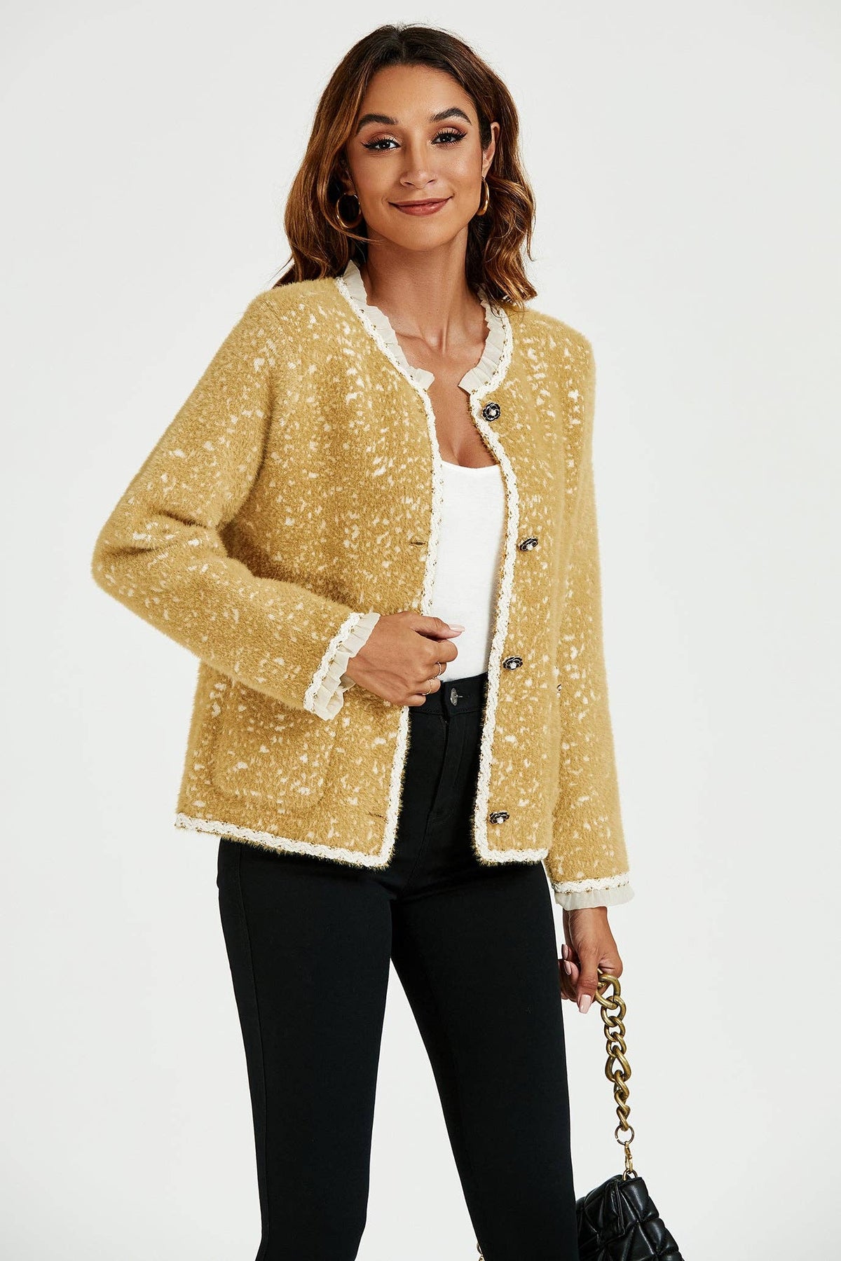 FS Collection (Germany) - Leopard Pattern Lace Trim Boucle Jacket in Yellow