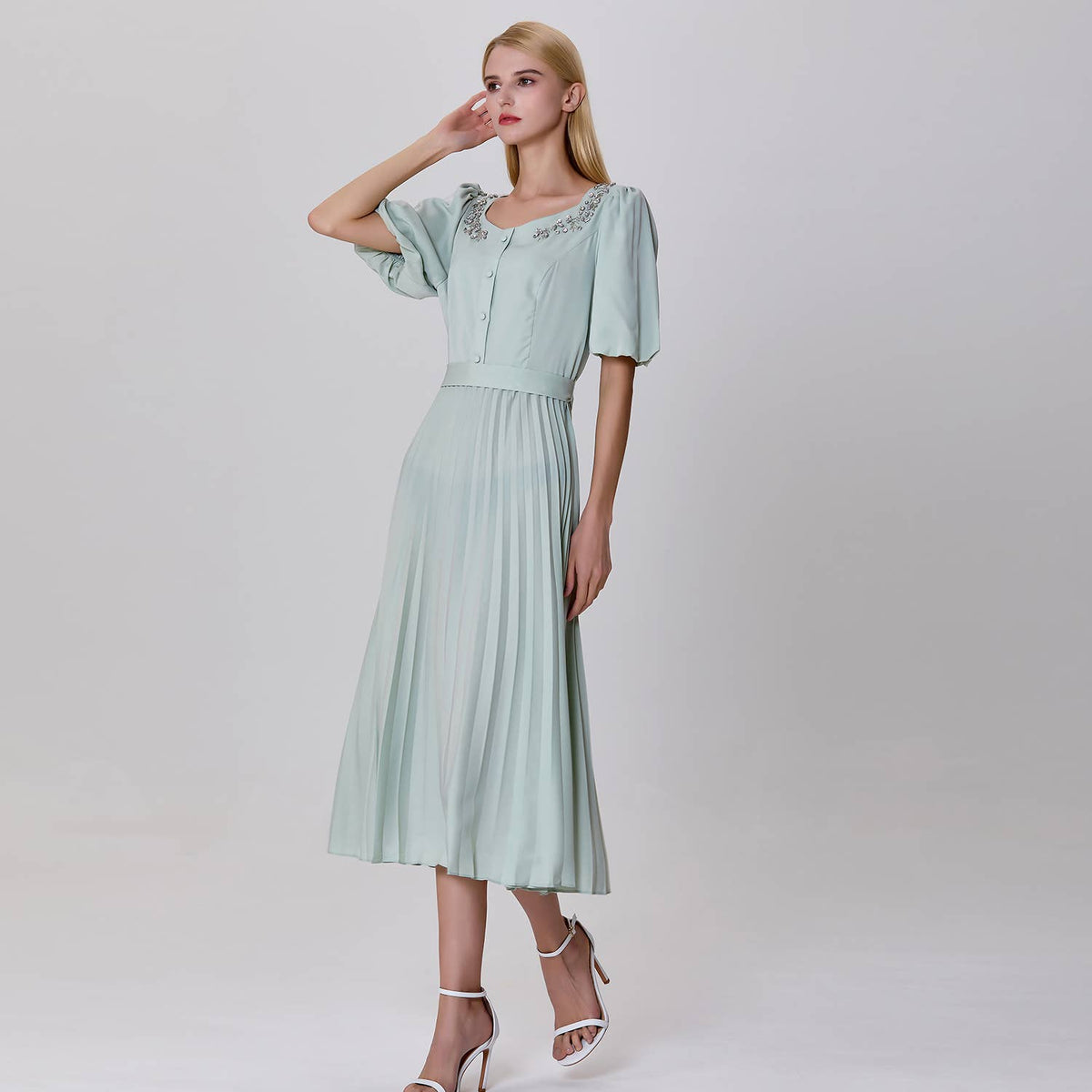 Pleated and embroidered shirt dress