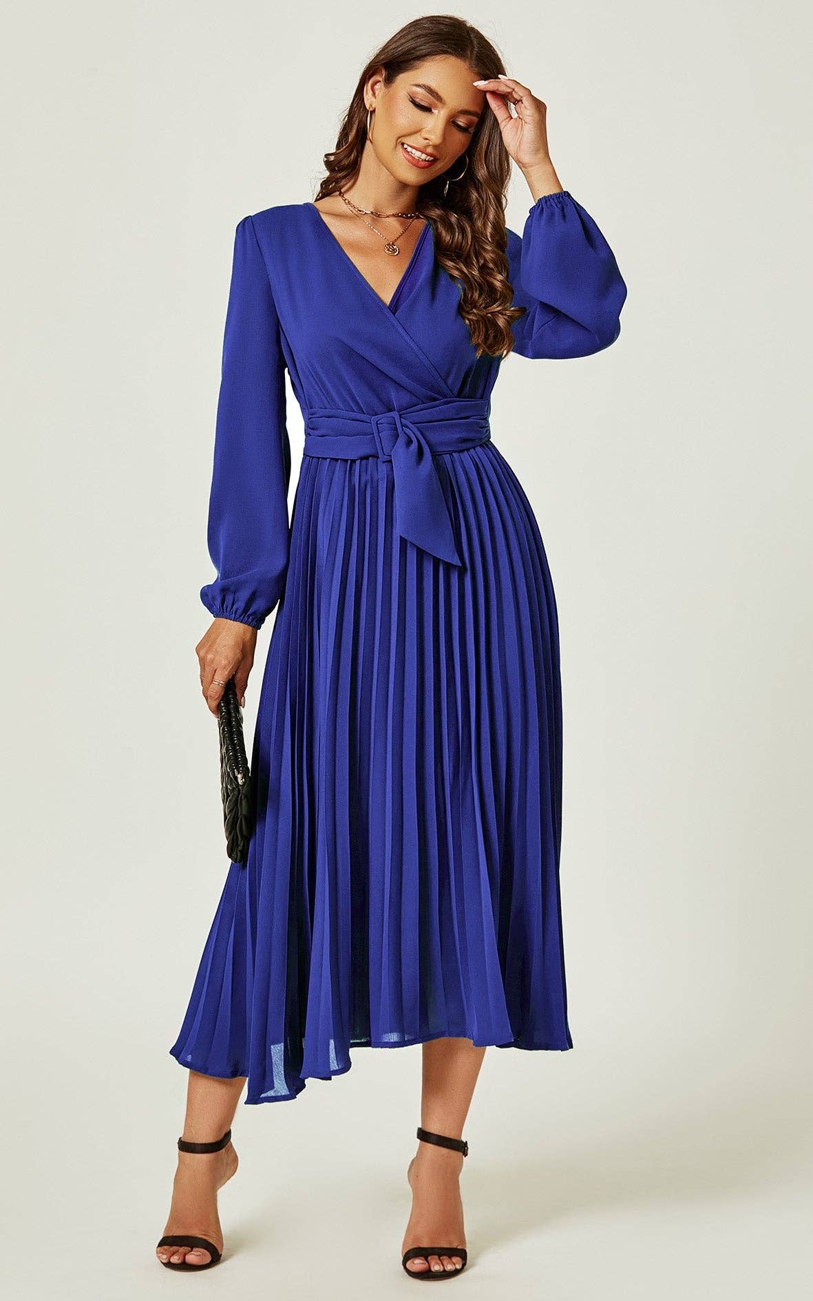 Pleated Midi Skirt Wrap Dress In Blue