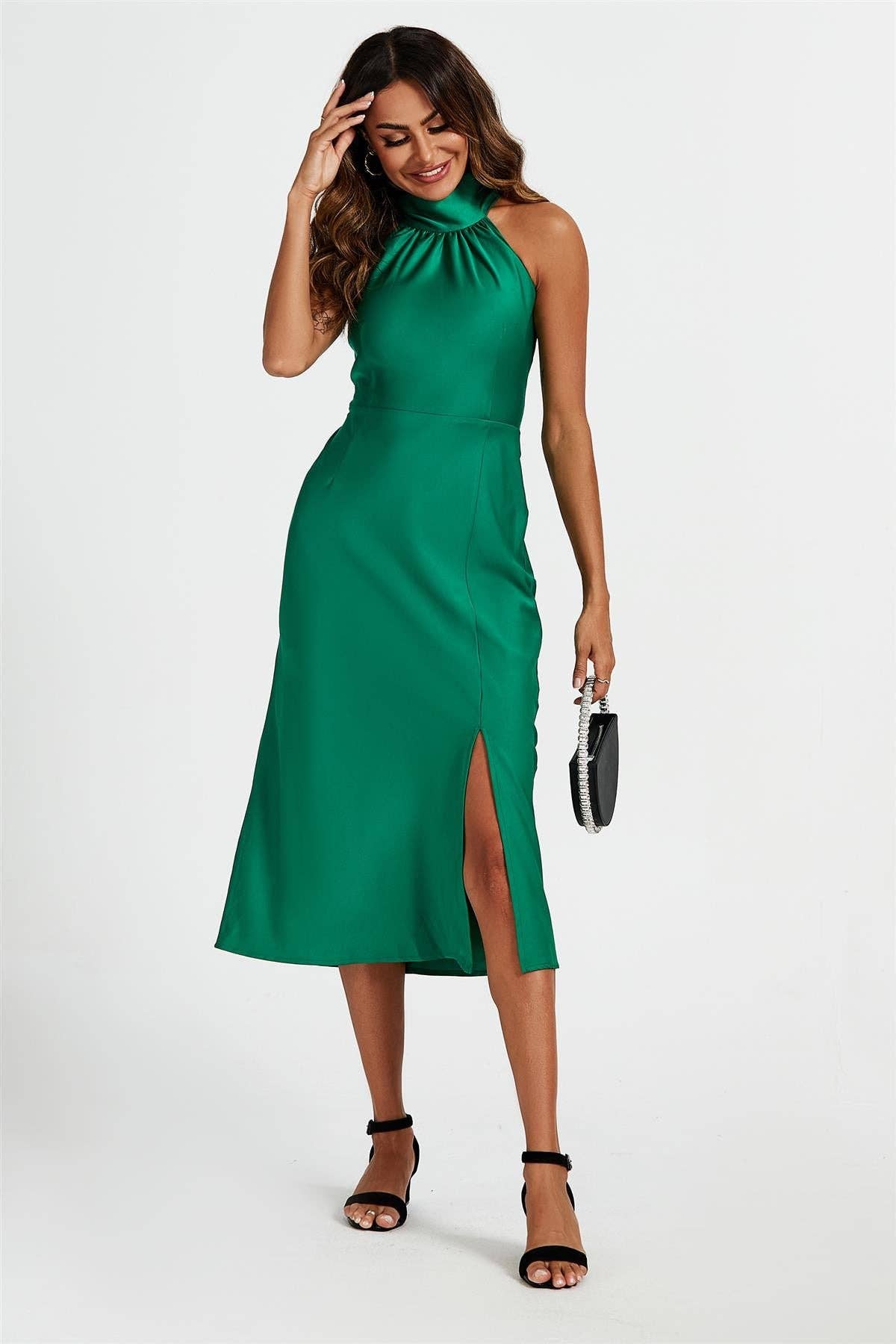 Satin Halter Neck Tie Back Midi Dress