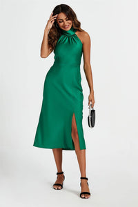 Satin Halter Neck Tie Back Midi Dress