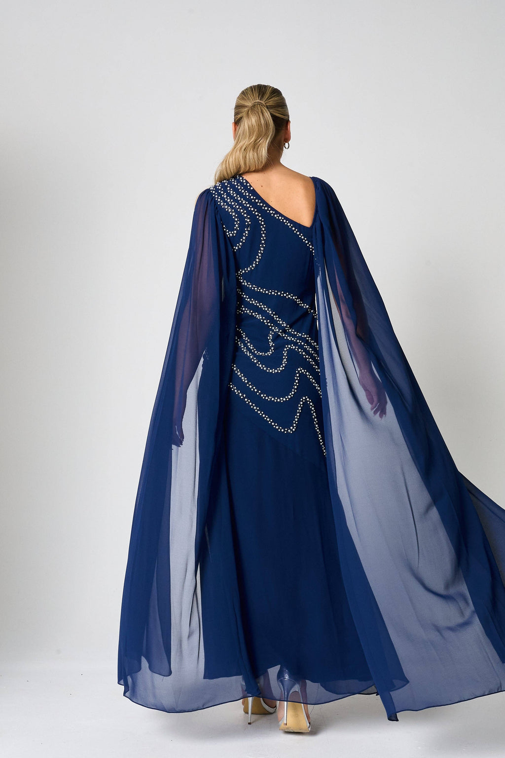 Patricia Navy Embellished Cape Sleeve Maxi Dress