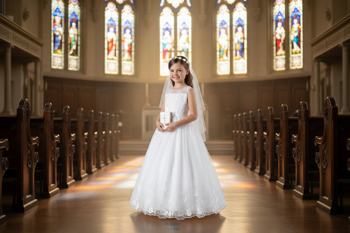Embroidered First Holy Communion dress with trail