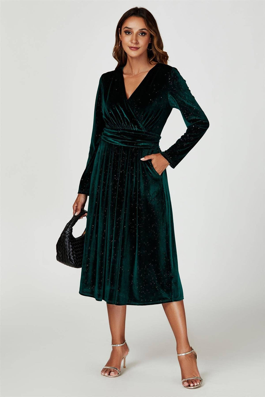 Silver Sparkly Velvet Wrap Top Midi Dress In Green