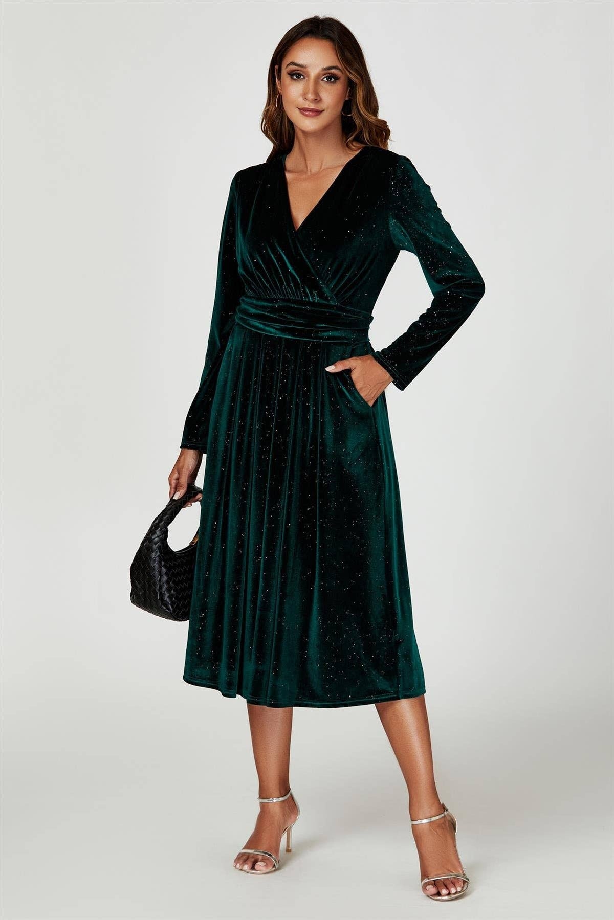 Silver Sparkly Velvet Wrap Top Midi Dress In Green