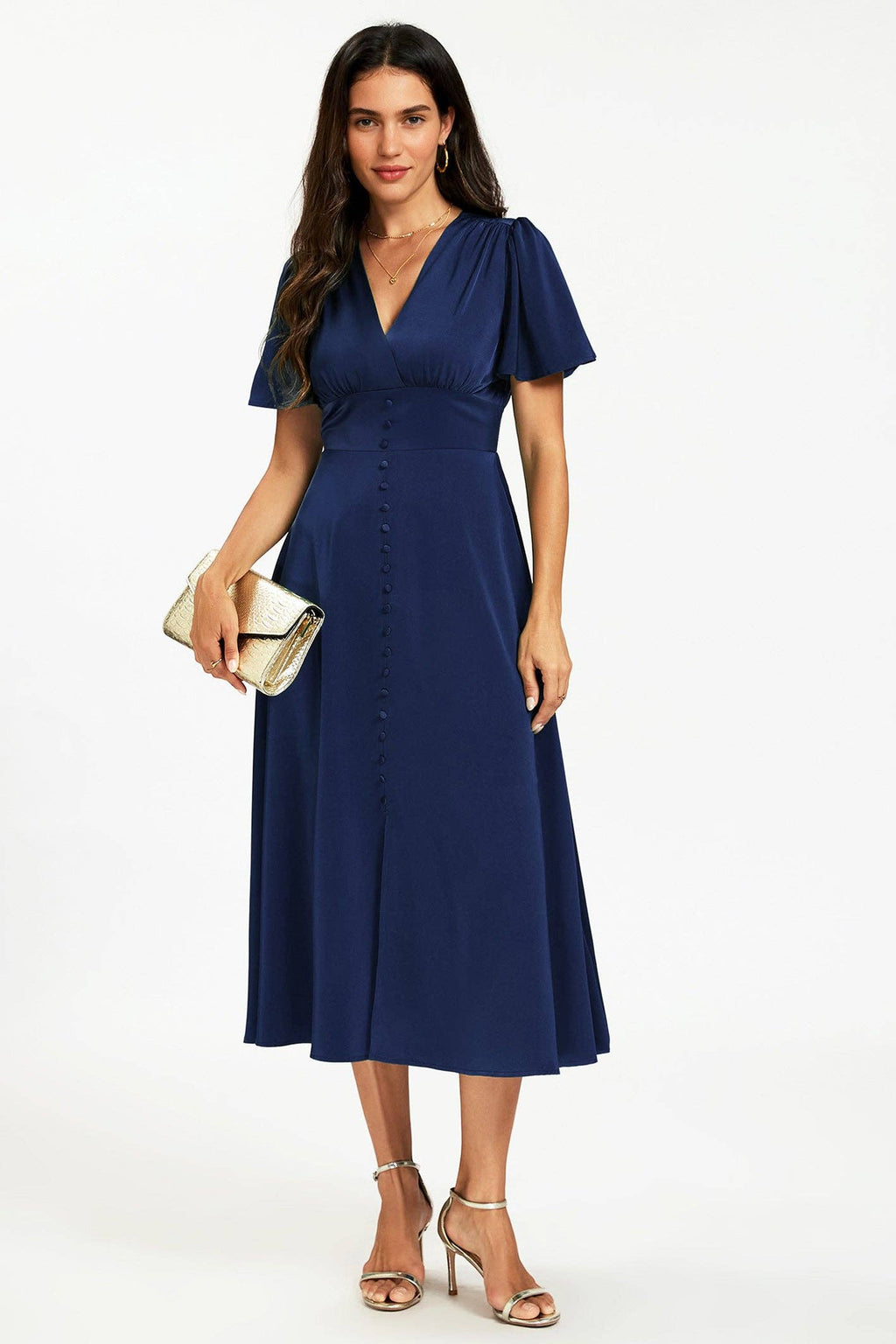 Satin-Midikleid mit V-Ausschnitt und Knopfleiste in Navy