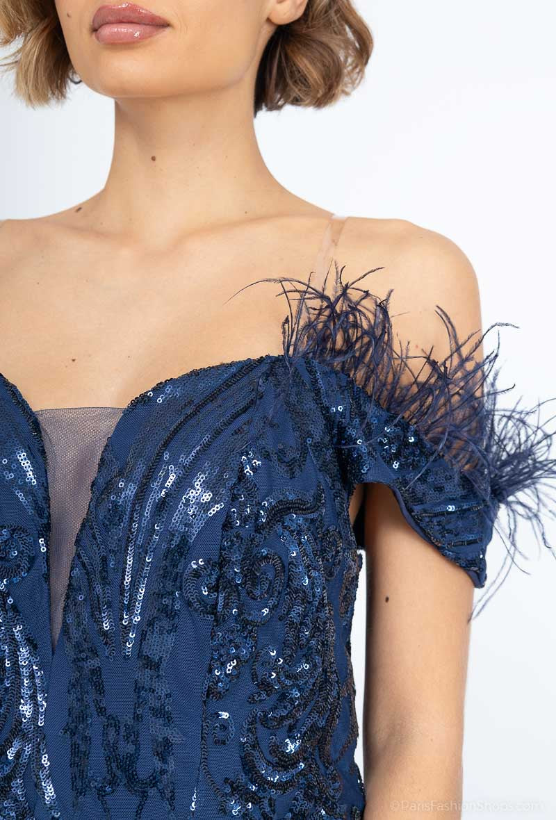 Long off- the- shoulder  Sequined Evening Dress