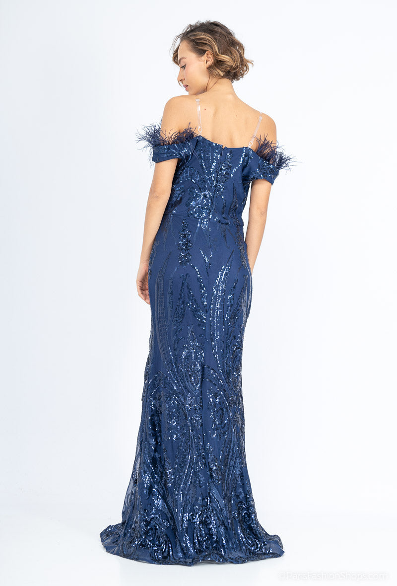 Long off- the- shoulder  Sequined Evening Dress