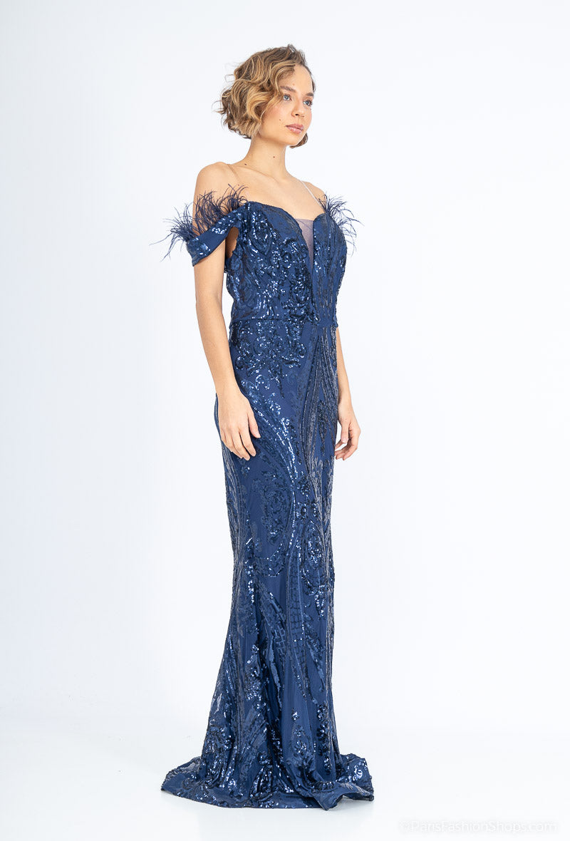 Long off- the- shoulder  Sequined Evening Dress