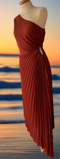 Rust One Shoulder Satin Pleated Midi Dress