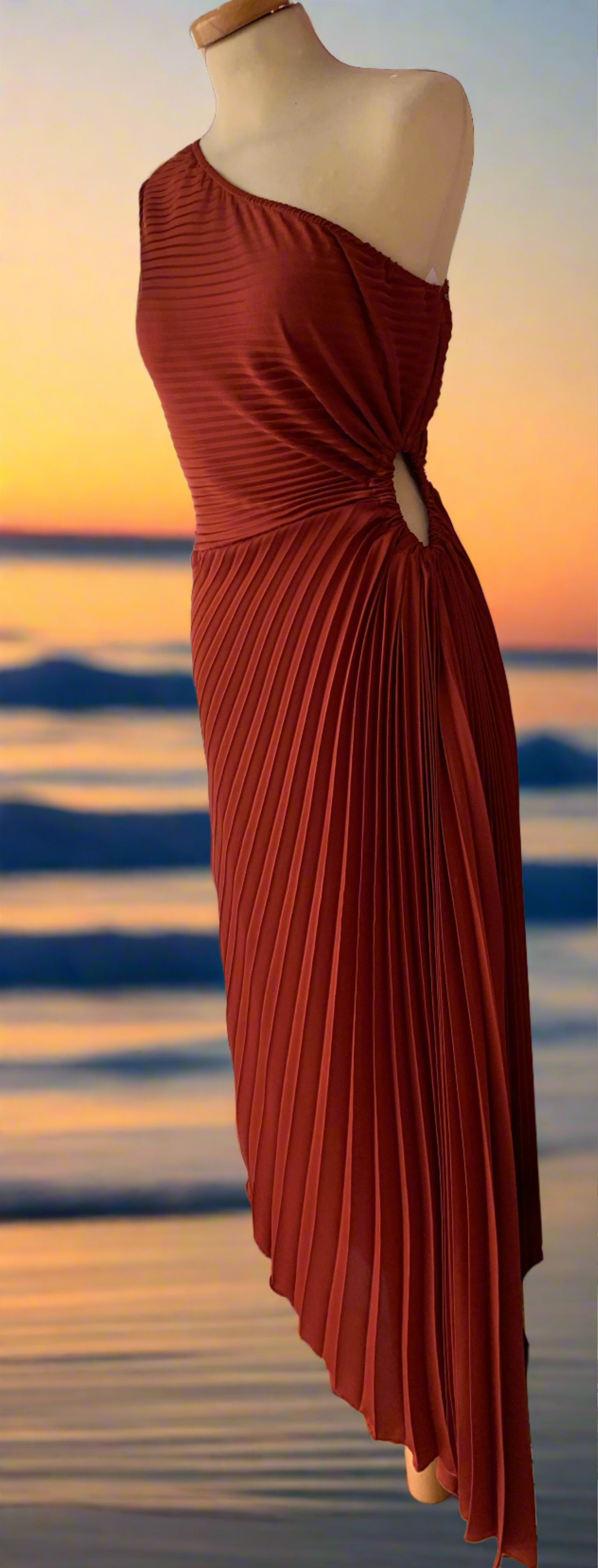 Rust One Shoulder Satin Pleated Midi Dress