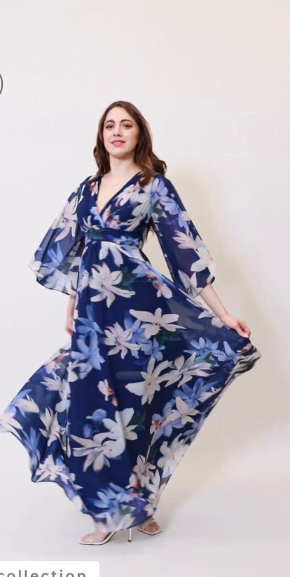 Women’s Chiffon Floral Maxi Dress with Long Sleeves