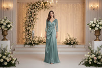 Long Sleeve Celadon Green Satin Dress