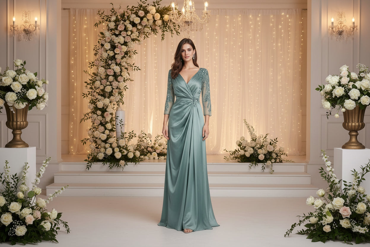 Long Sleeve Celadon Green Satin Dress