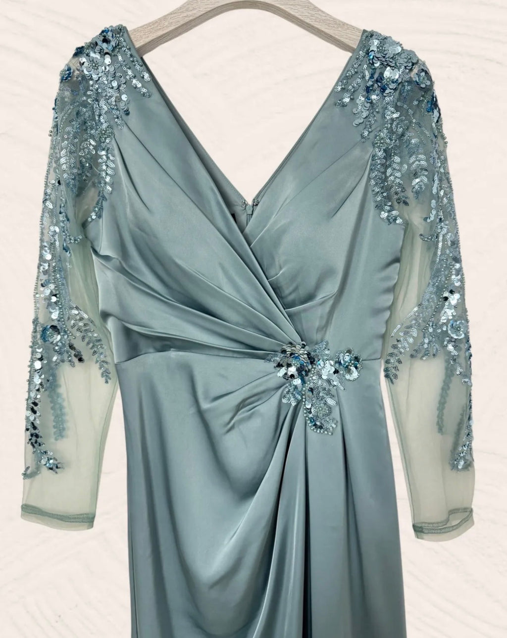 Long Sleeve Celadon Green Satin Dress