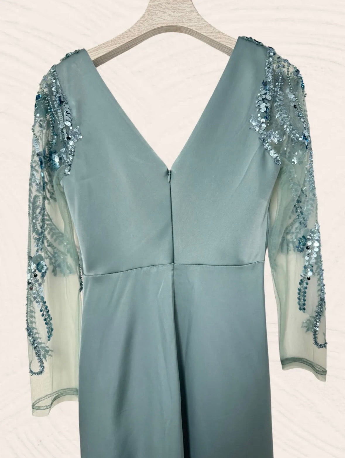 Long Sleeve Celadon Green Satin Dress