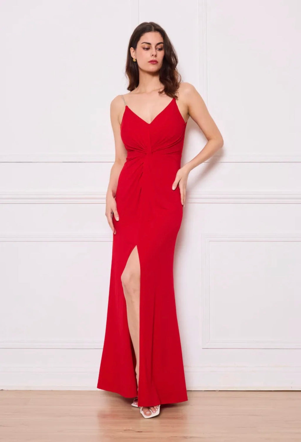 Red rhinestone streps long dress