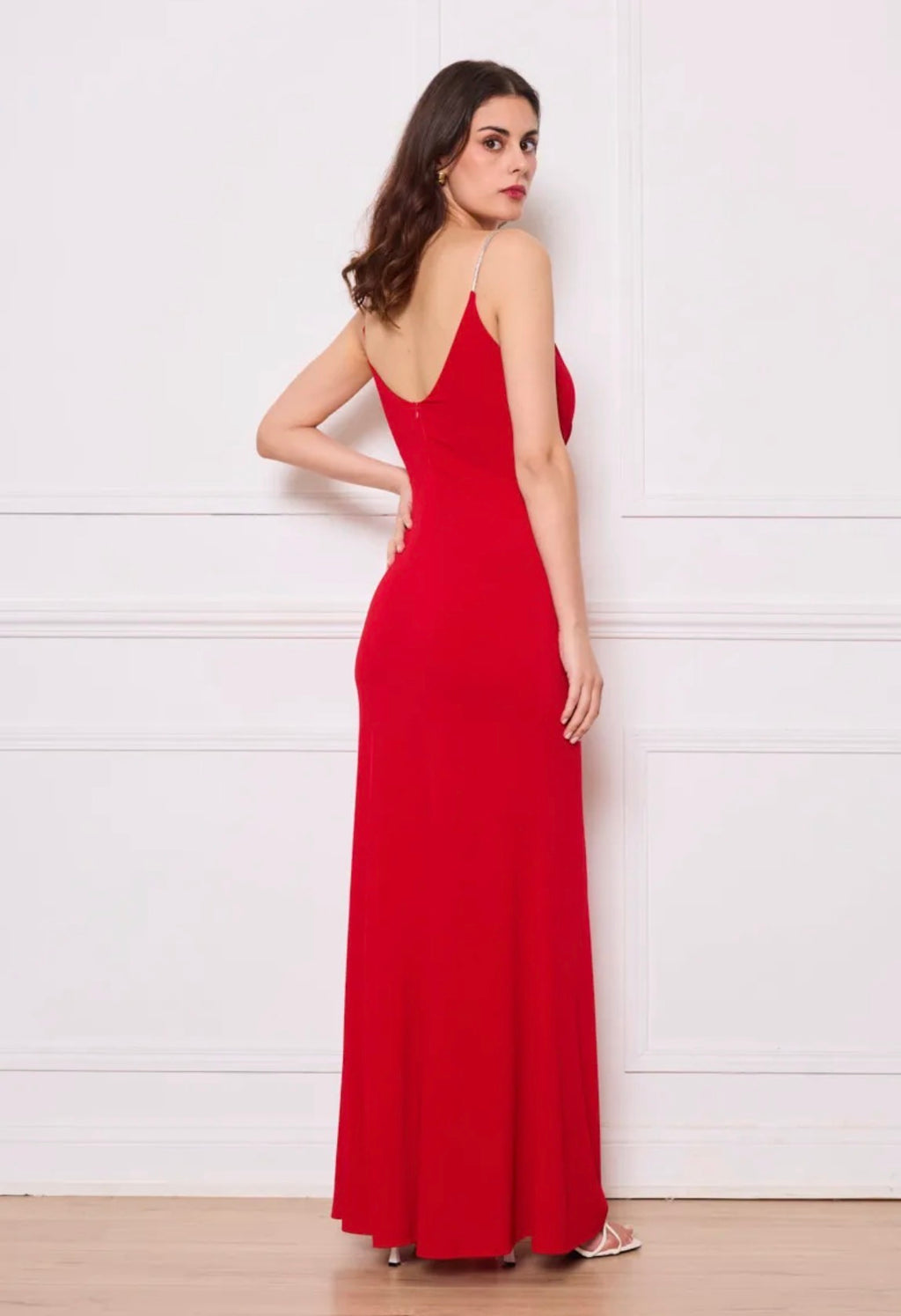 Red rhinestone streps long dress
