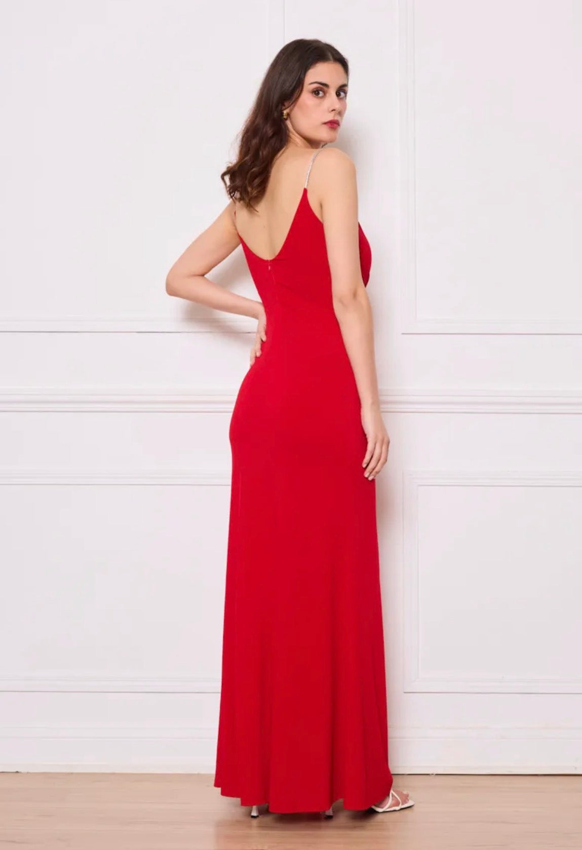 Red rhinestone streps long dress