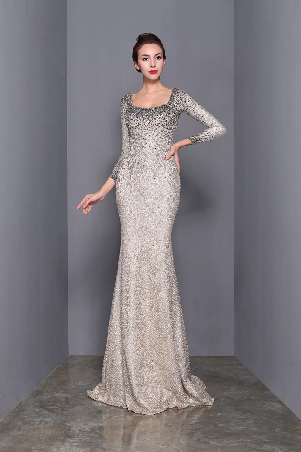 Square neckline stunning long-sleeved evening gown