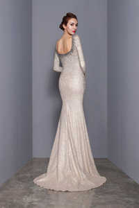 Square neckline stunning long-sleeved evening gown