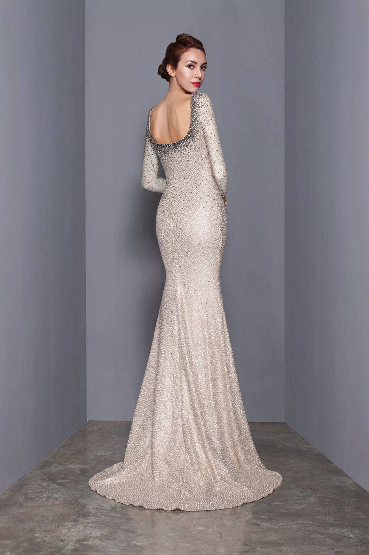 Square neckline stunning long-sleeved evening gown