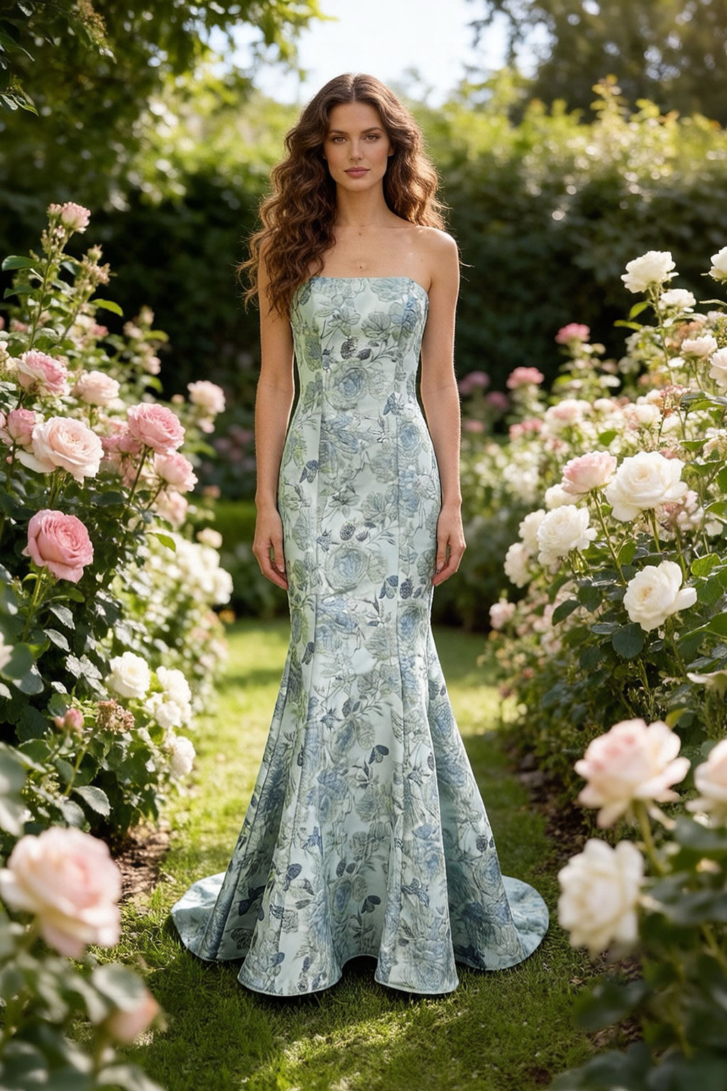 Jacquard long dress  adorned with an intricate floral print