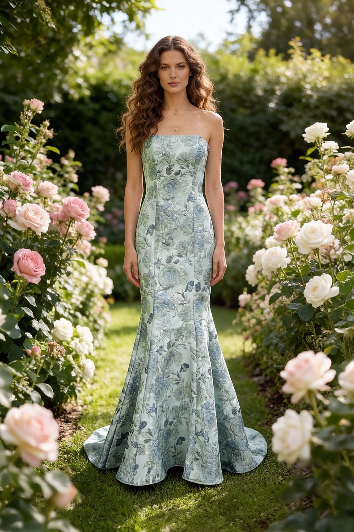 Jacquard long dress  adorned with an intricate floral print