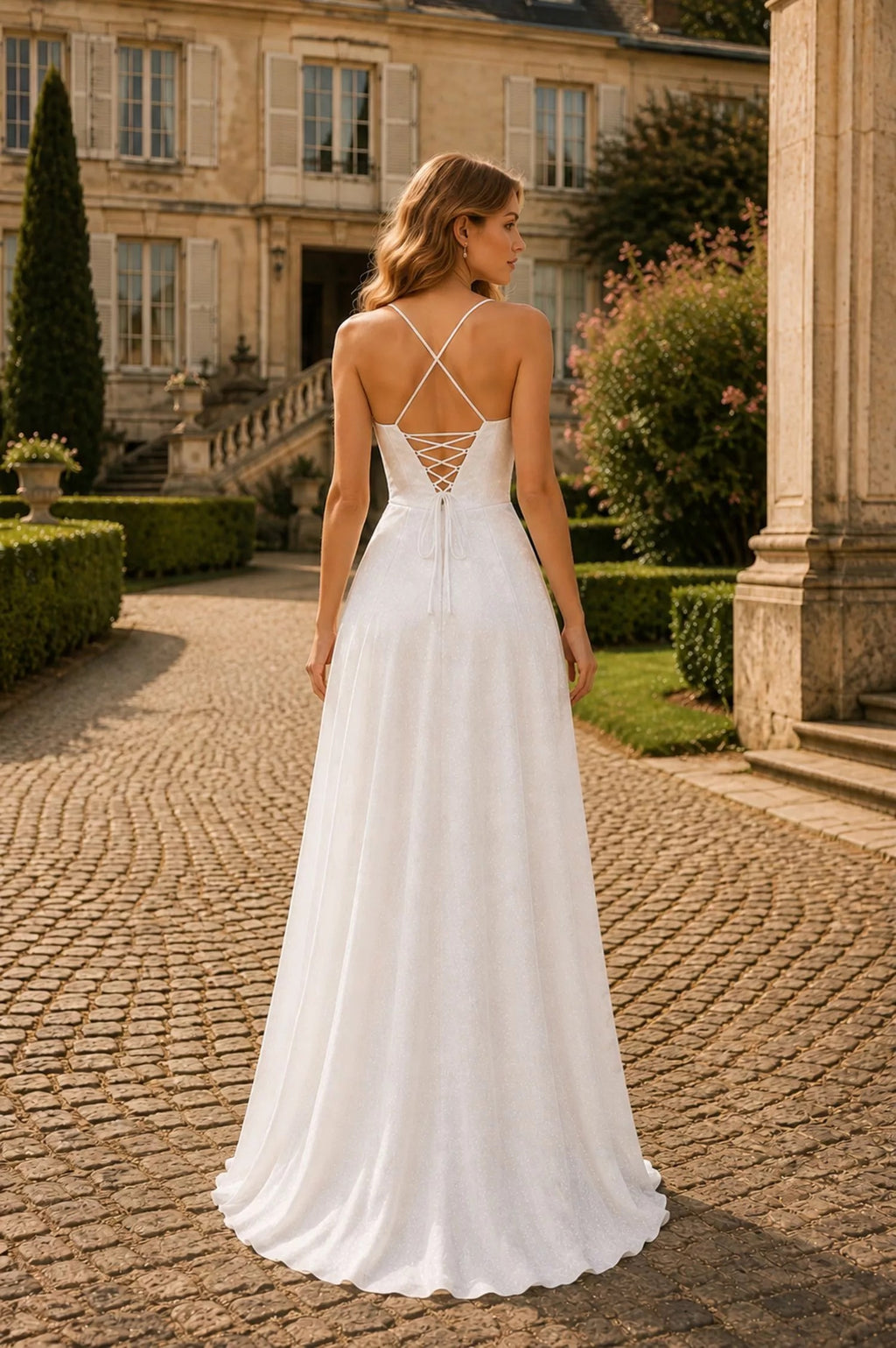 Draped cowl neckline,  delicate straps with corset bodiece