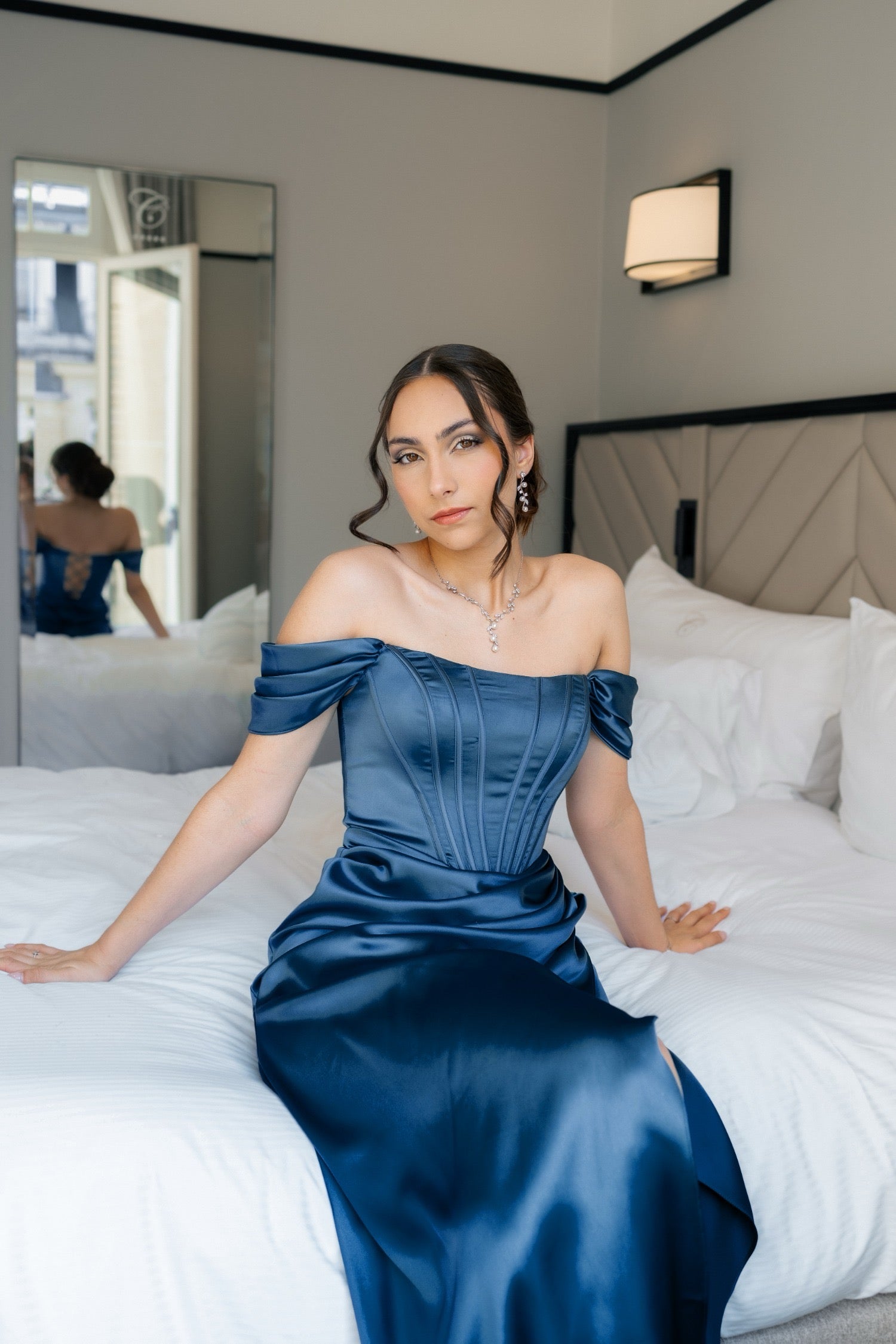 Structured corset floor length satin gown