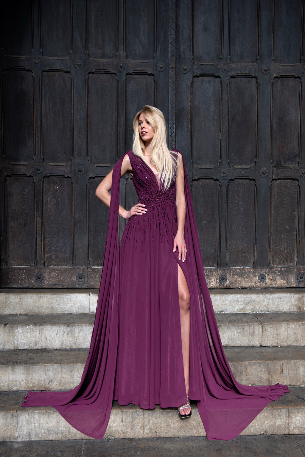 Hand-applied shimmering embroidery flowing silhouette