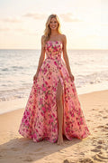 Long Satin Printed Strapless Dress