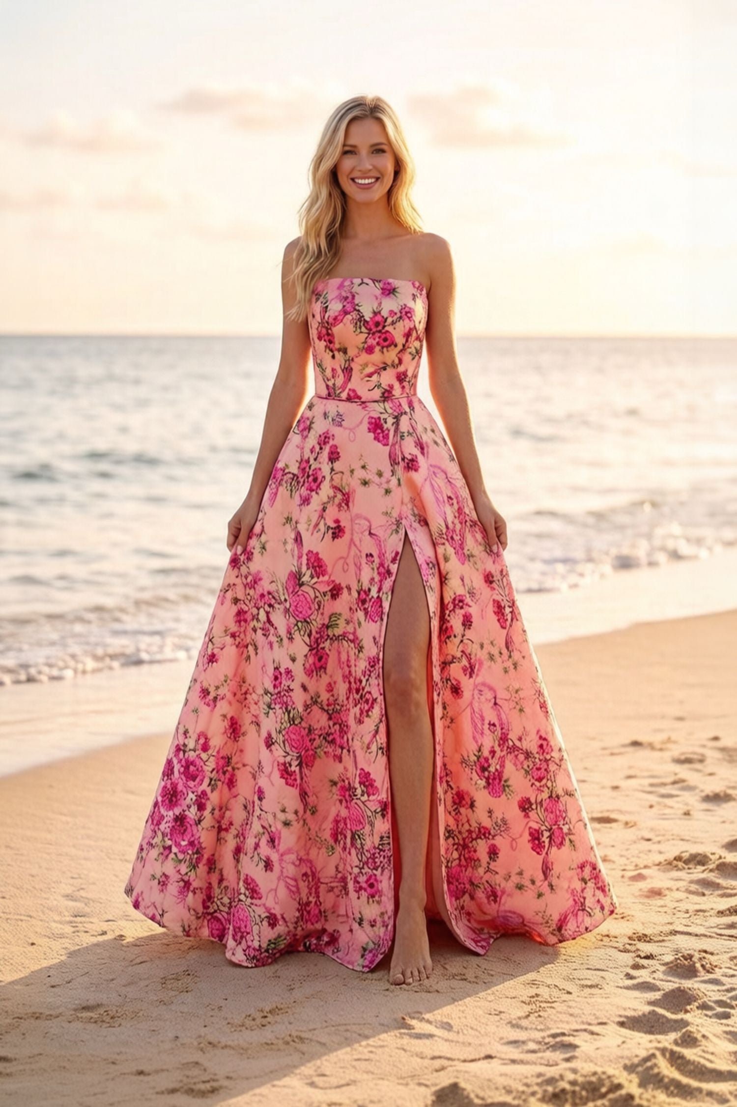 Long Satin Printed Strapless Dress
