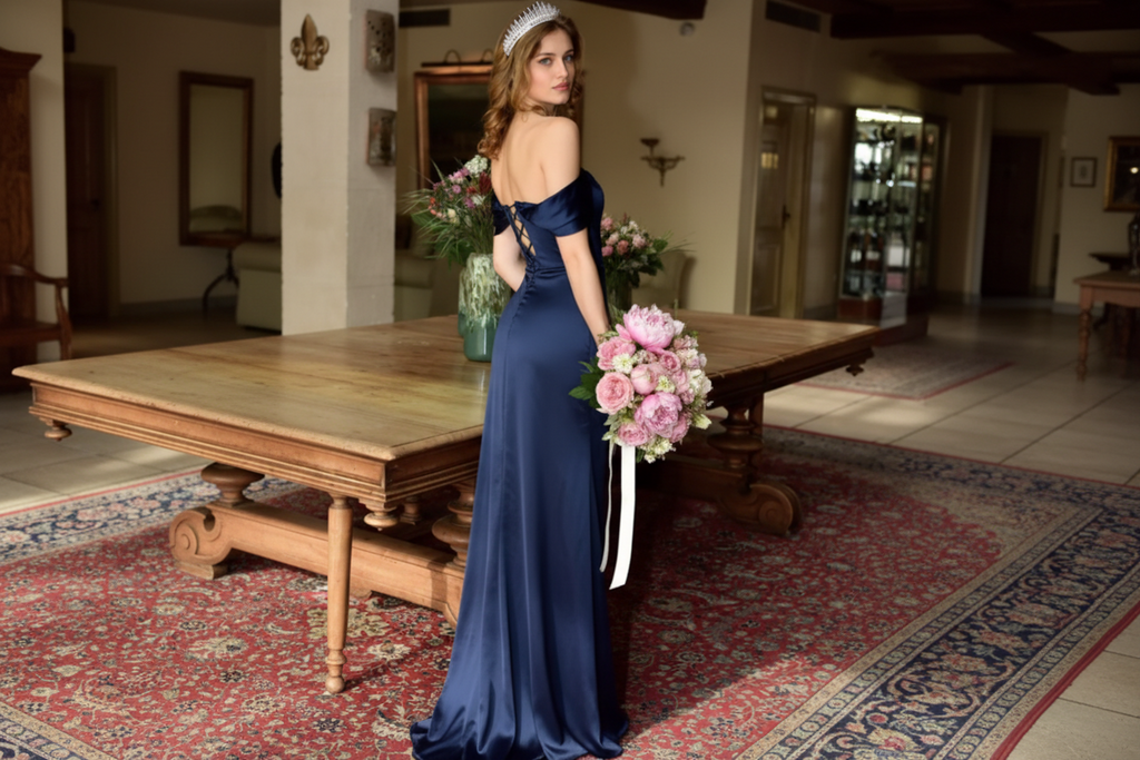 Structured corset floor length satin gown