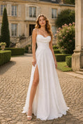 Draped cowl neckline,  delicate straps with corset bodiece