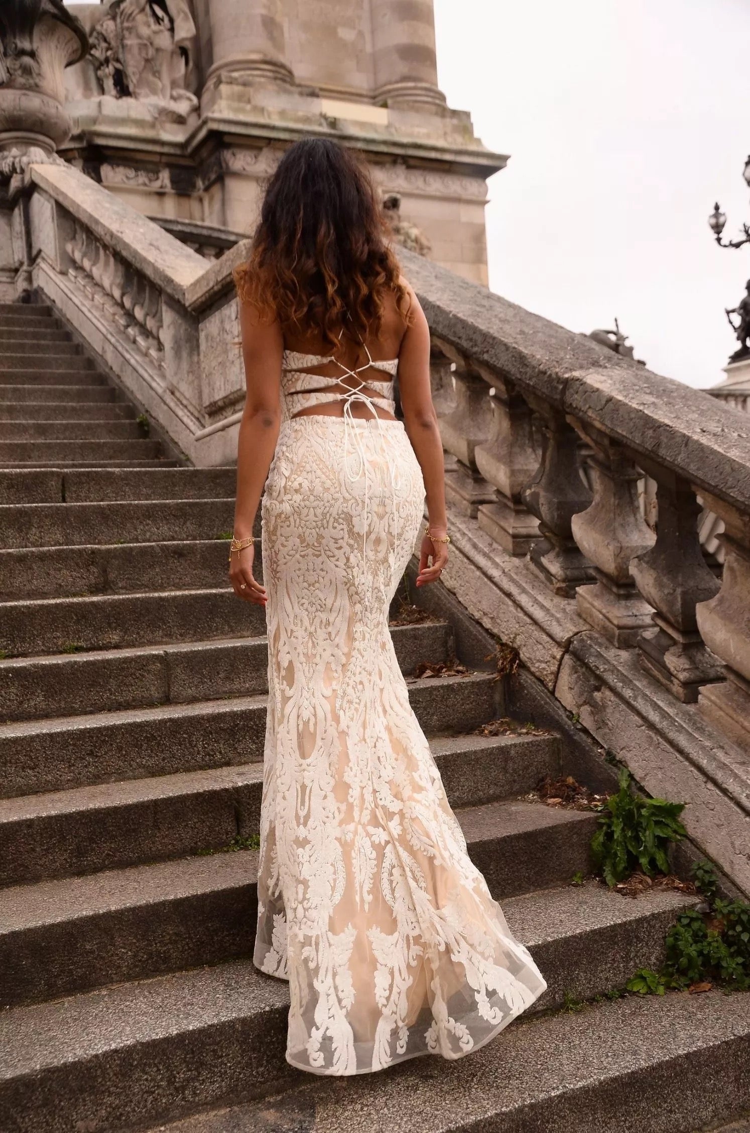 Halter Neck Long Fitted Embroidered dress with high leg slit